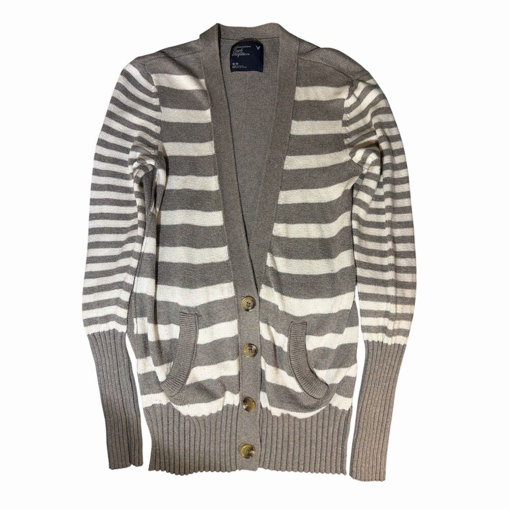 Y2K American Eagle Gray White Striped Longline Cardigan Sweater Pockets M